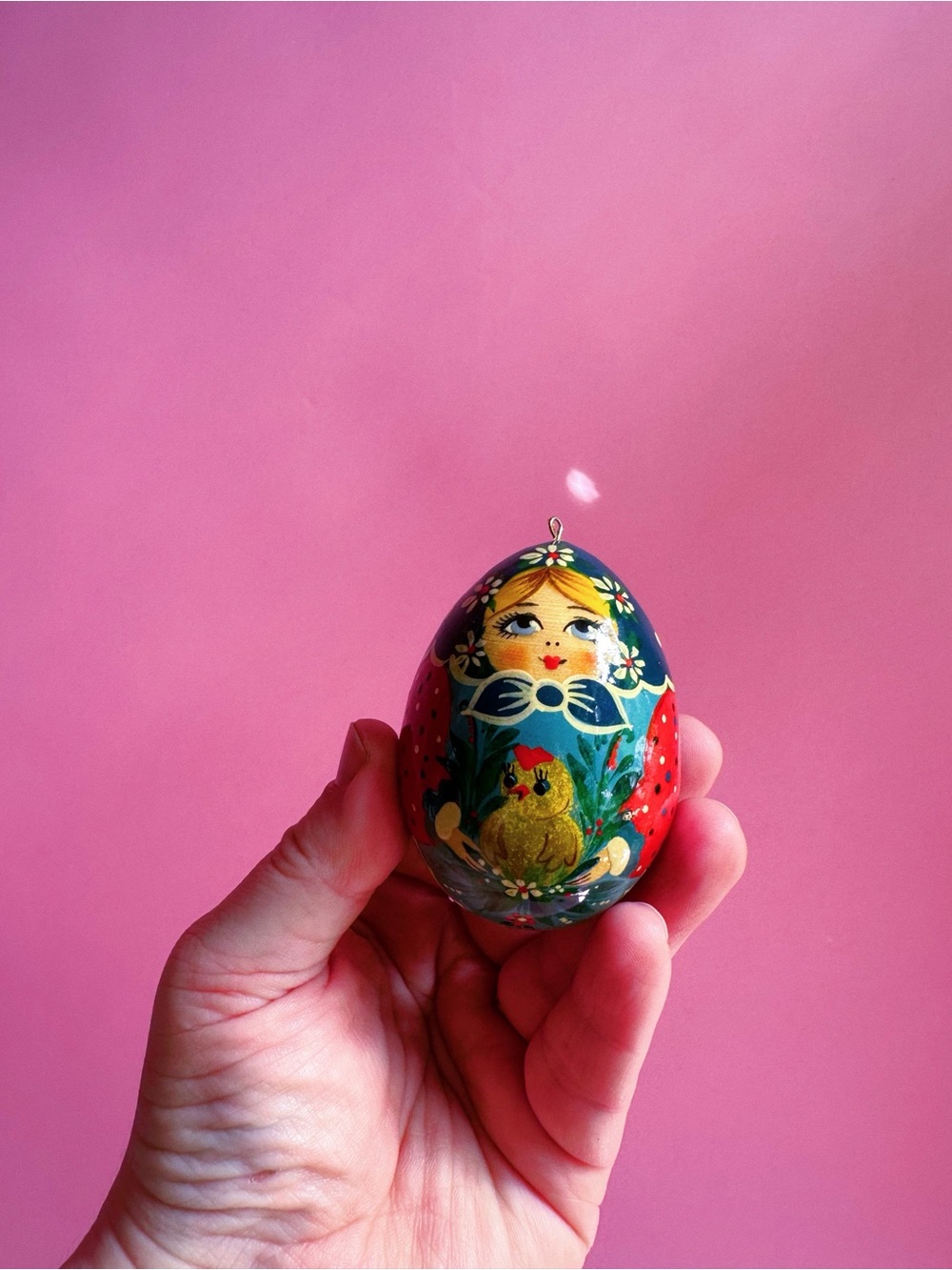 Hand-Painted Matryoshka Egg Ornament - Pink and Multicolor